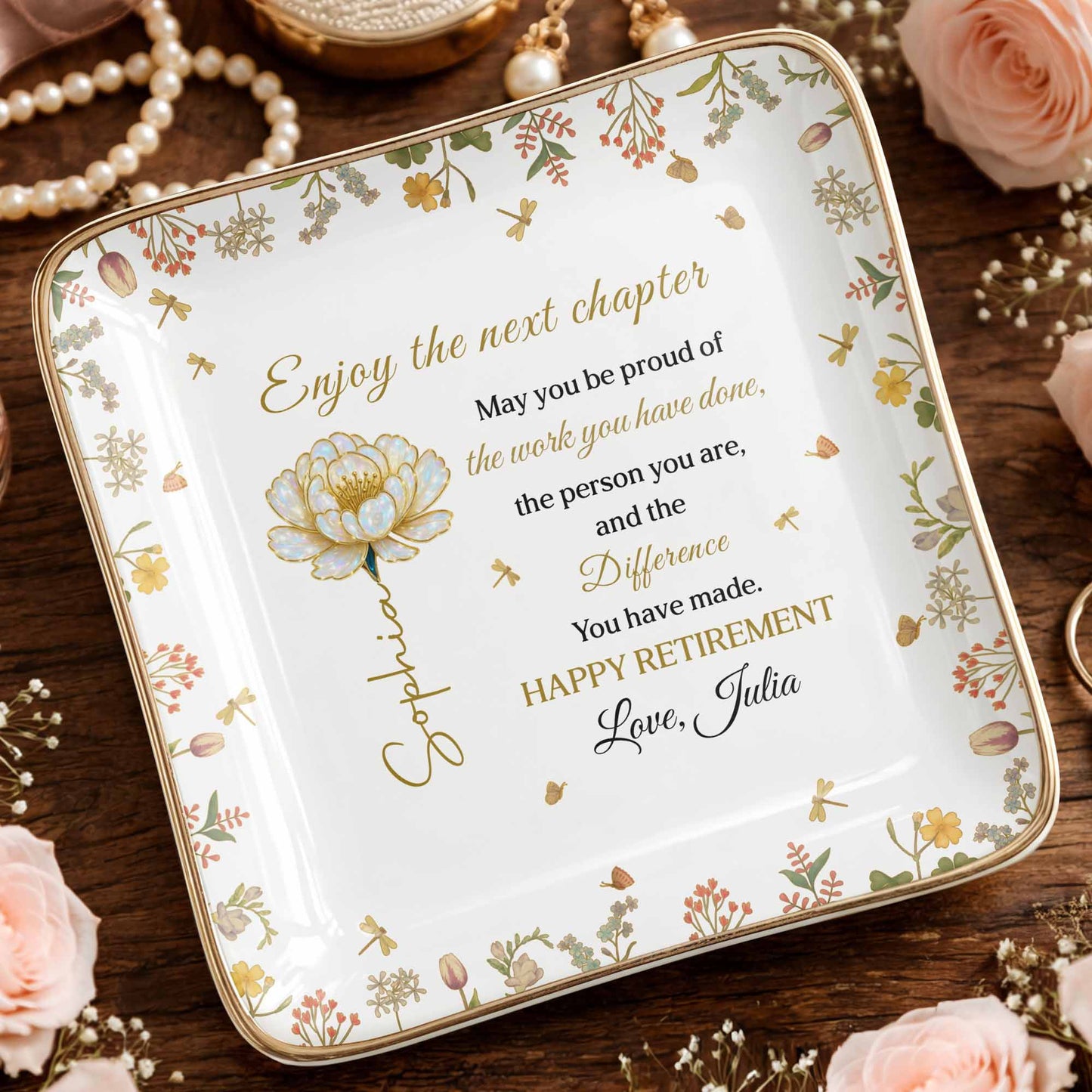 Enjoy The Next Chapter Happy Retirement Floral Jewelry Dish