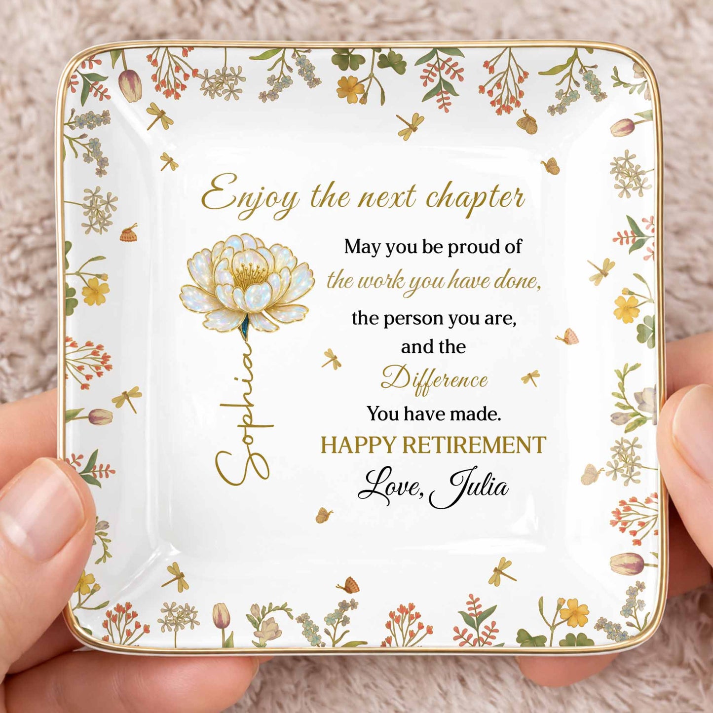 Enjoy The Next Chapter Happy Retirement Floral Jewelry Dish