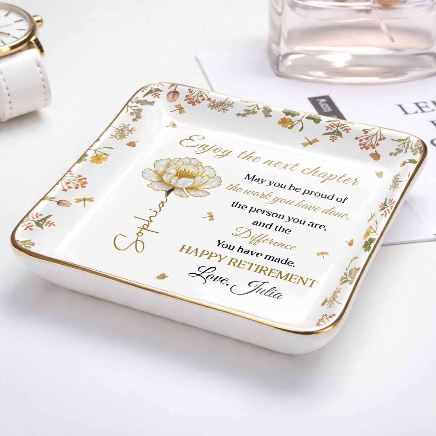 Enjoy The Next Chapter Happy Retirement Floral Jewelry Dish