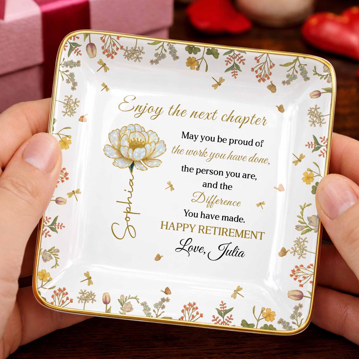 Enjoy The Next Chapter Happy Retirement Floral Jewelry Dish