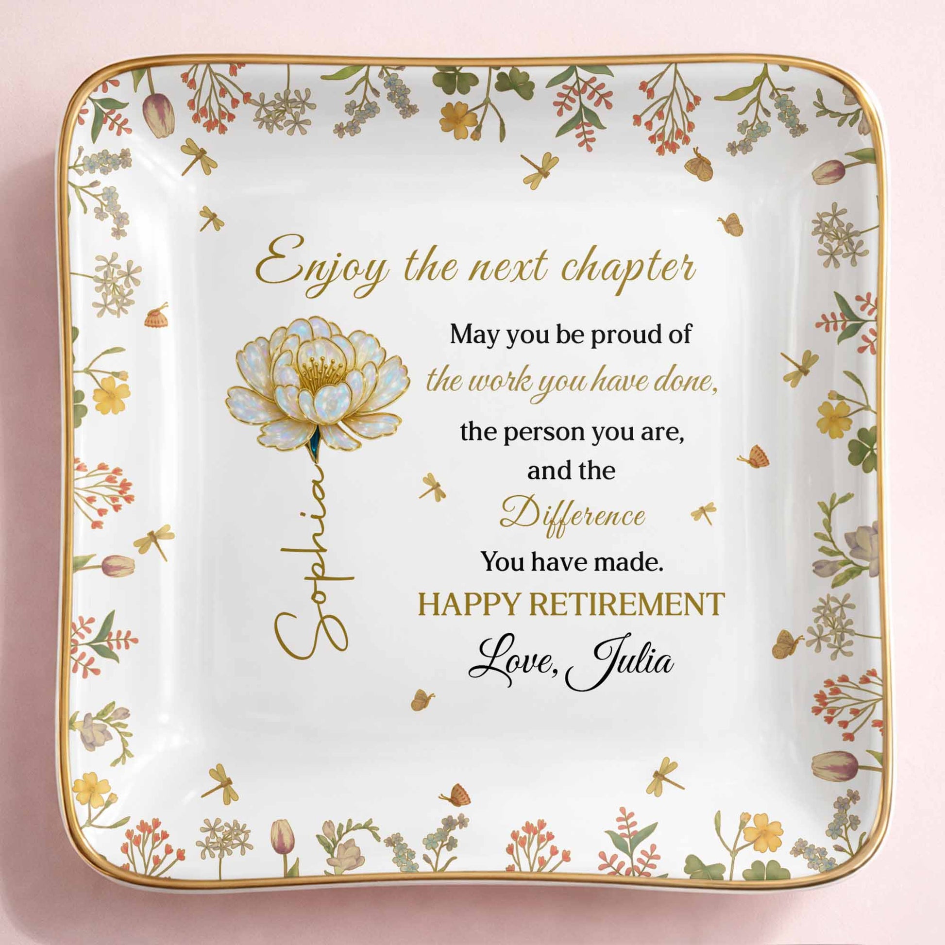 Enjoy The Next Chapter Happy Retirement Floral Jewelry Dish
