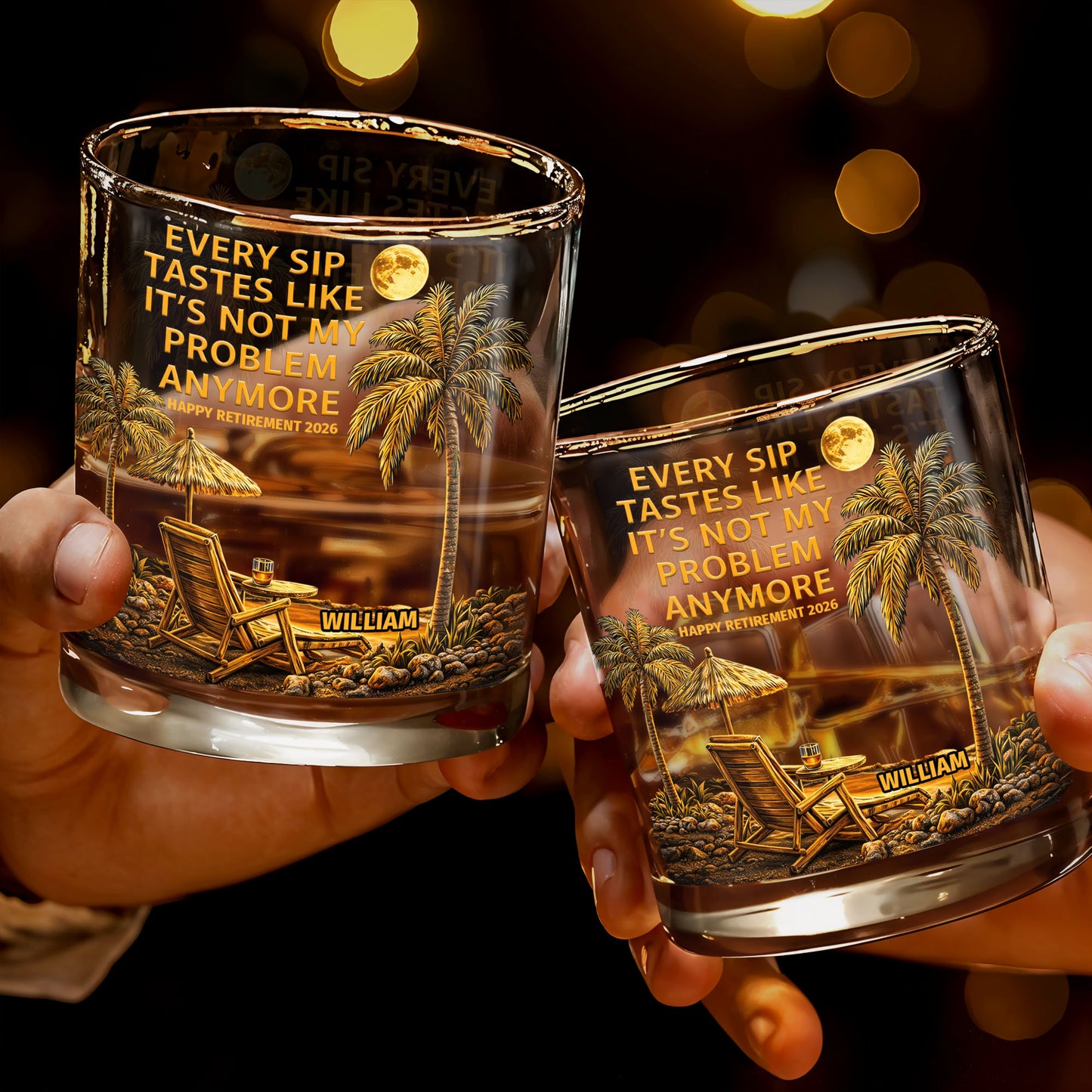 Every Sip Tastes Like It's Not My Problem Anymore, Palm Trees and Sunset - Personalized Custom Whiskey Glass - RETIRE024_RWG