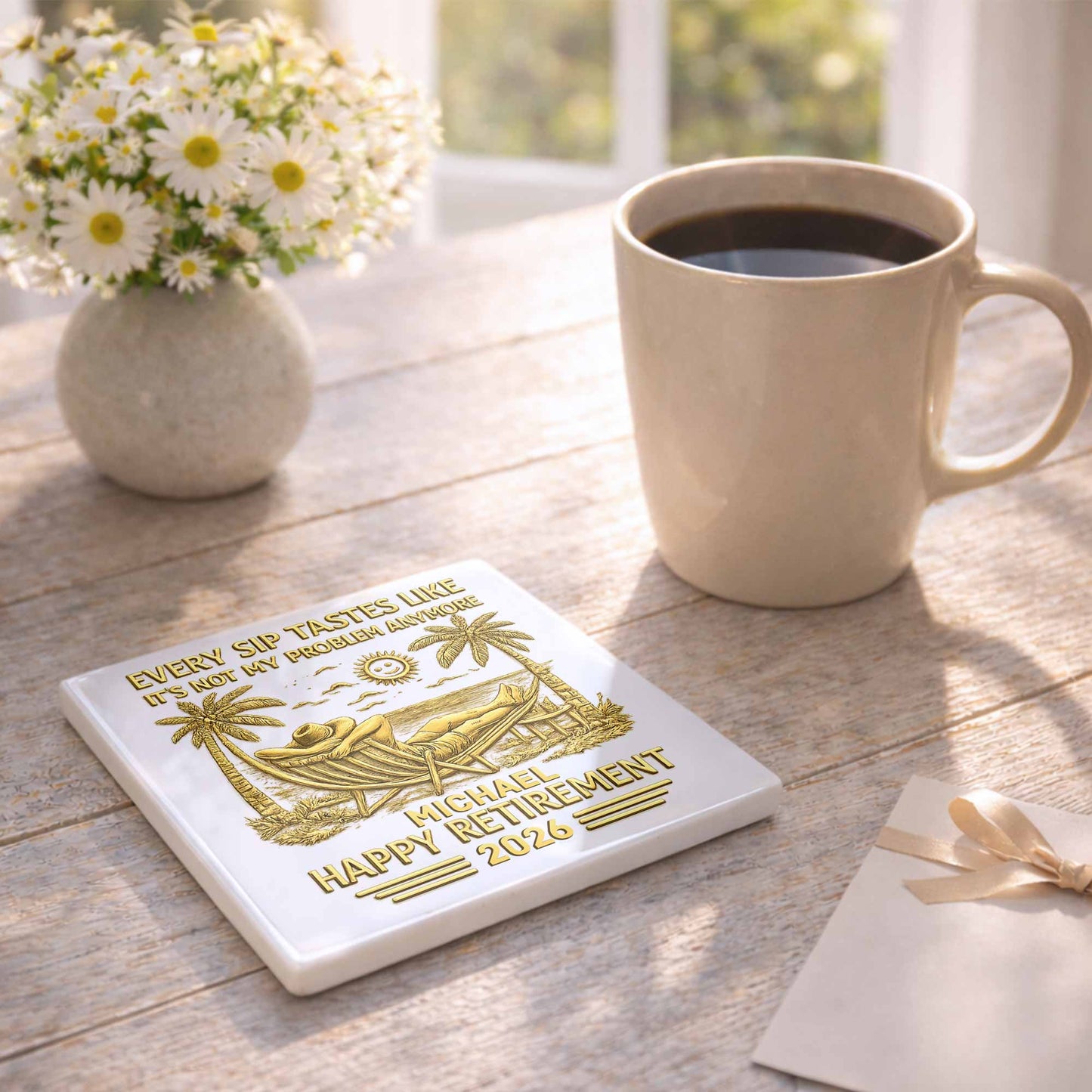 Every Sip Tastes Like Happy Retirement With Hammock And Palm Trees - Personalized Custom Ceramic Coaster, Square Shape - RETIRE026_SOCO