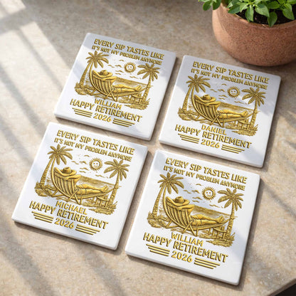 Every Sip Tastes Like Happy Retirement With Hammock And Palm Trees - Personalized Custom Ceramic Coaster, Square Shape - RETIRE026_SOCO