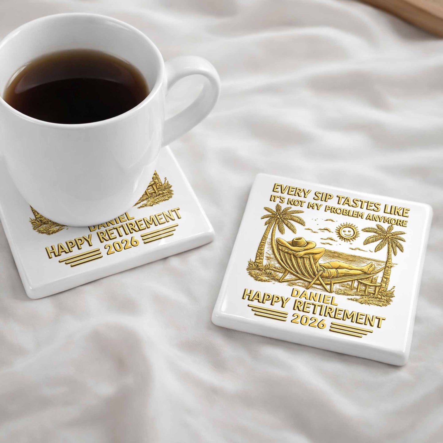 Every Sip Tastes Like Happy Retirement With Hammock And Palm Trees - Personalized Custom Ceramic Coaster, Square Shape - RETIRE026_SOCO