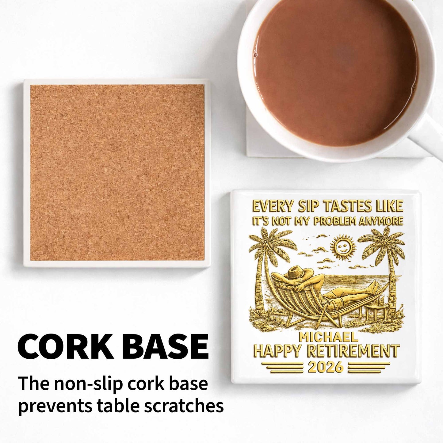 Every Sip Tastes Like Happy Retirement With Hammock And Palm Trees - Personalized Custom Ceramic Coaster, Square Shape - RETIRE026_SOCO