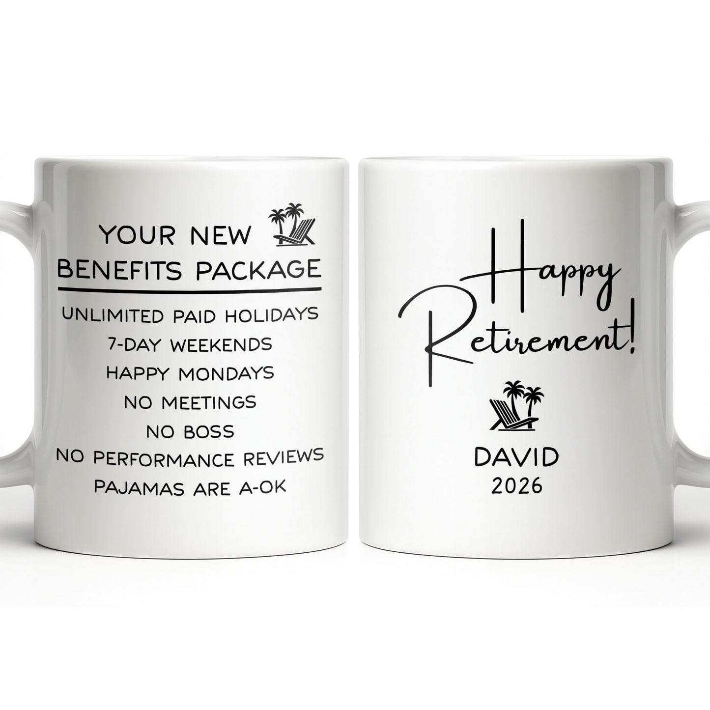 Happy Retirement Our New Benefits Package With Beach Chair And Palm Trees