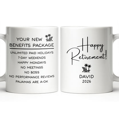 Happy Retirement Our New Benefits Package With Beach Chair And Palm Trees