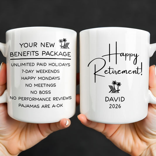 Happy Retirement Our New Benefits Package With Beach Chair And Palm Trees