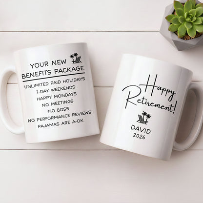 Happy Retirement Our New Benefits Package With Beach Chair And Palm Trees