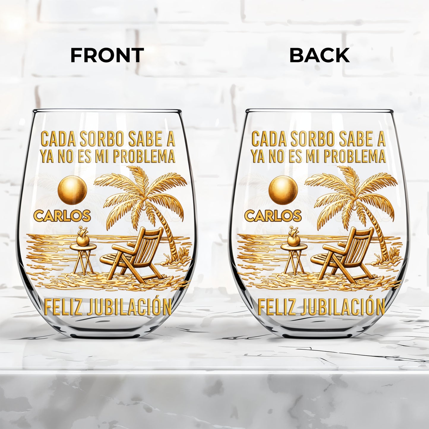 Cada Sorbo Sabe A Ya No Es Mi Problema Feliz Jubilación Palm Tree Beach - Personalized Stemless Wine Glass - RETIRE036_WIGL