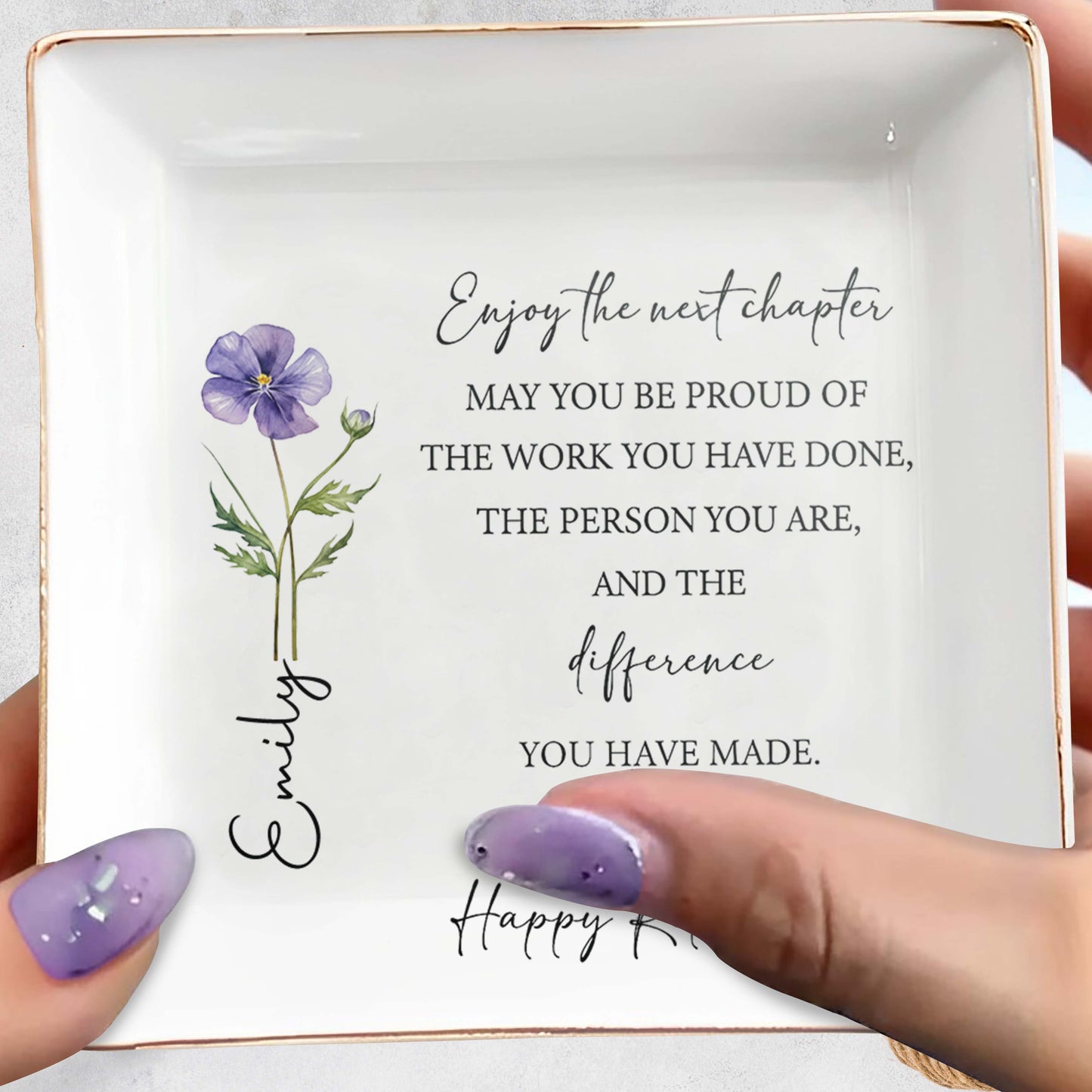 Enjoy The Next Chapter Happy Retirement Birth Month Flower And Hearts - Personalized Custom Jewelry Dish, Square Ceramic Dish - RETIRE063_SCRD