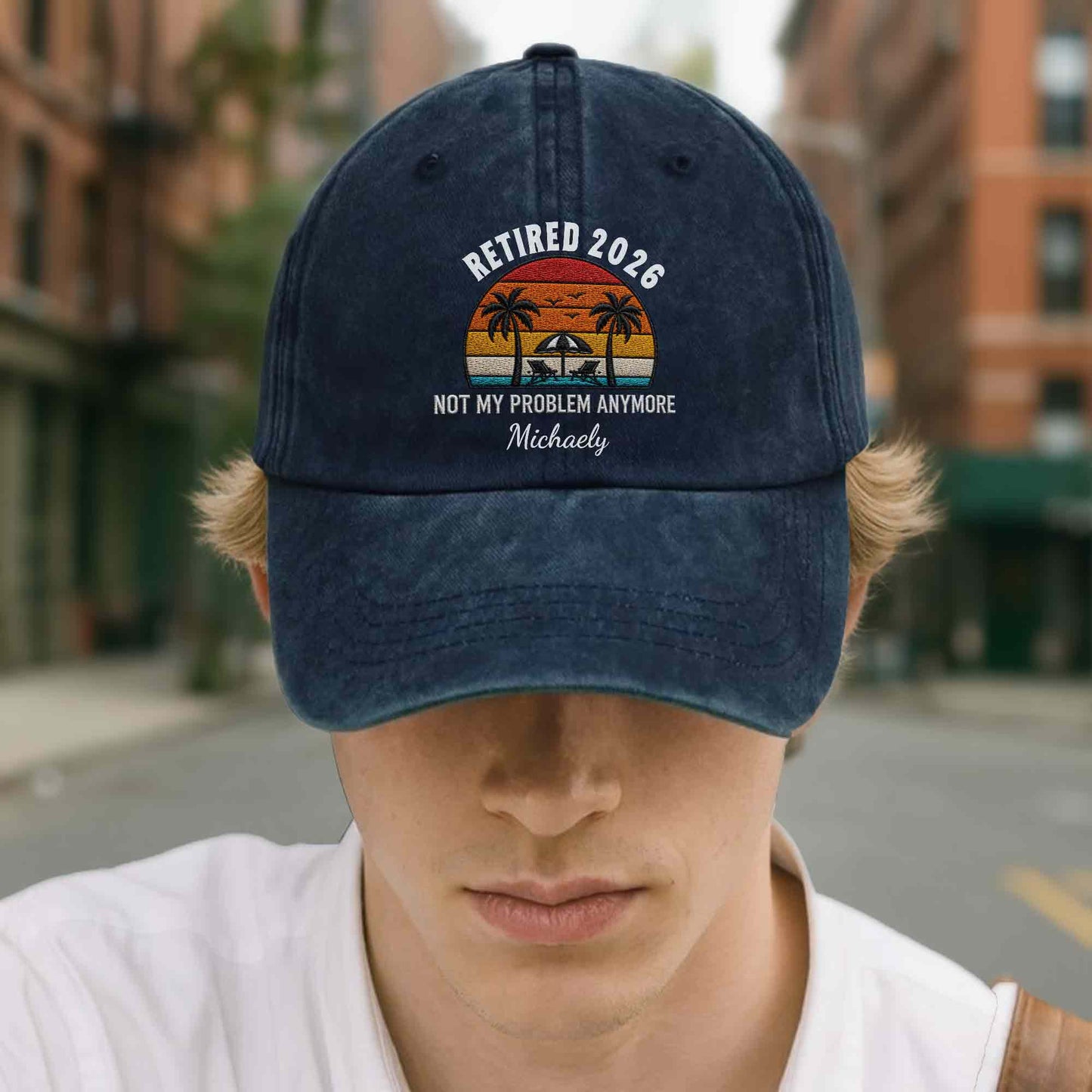 Not My Problem Anymore Retirement Palm Trees Beach Sunset - Personalized Custom Washed Denim Cap - RETIRE156_WDCAP