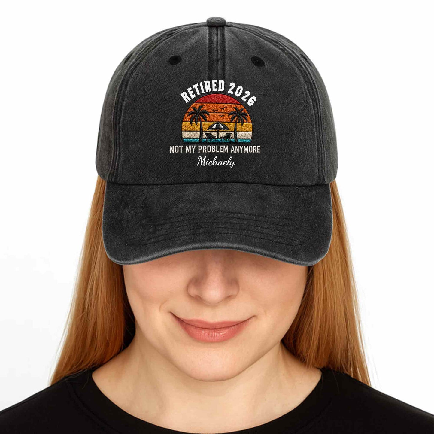Not My Problem Anymore Retirement Palm Trees Beach Sunset - Personalized Custom Washed Denim Cap - RETIRE156_WDCAP