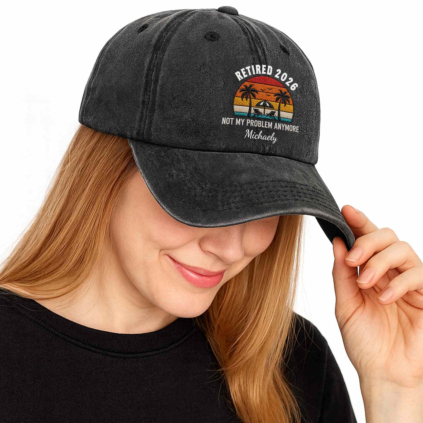 Not My Problem Anymore Retirement Palm Trees Beach Sunset - Personalized Custom Washed Denim Cap - RETIRE156_WDCAP