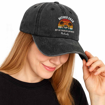 Not My Problem Anymore Retirement Palm Trees Beach Sunset - Personalized Custom Washed Denim Cap - RETIRE156_WDCAP