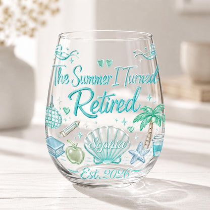 The Summer I Turned Retired Shell Palm Tree And School Objects - Personalized Stemless Wine Glass - RETIRE227_WIGL