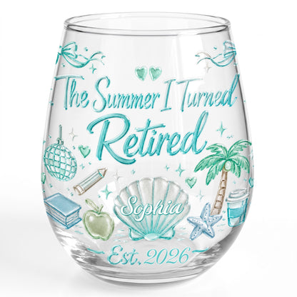 The Summer I Turned Retired Shell Palm Tree And School Objects - Personalized Stemless Wine Glass - RETIRE227_WIGL