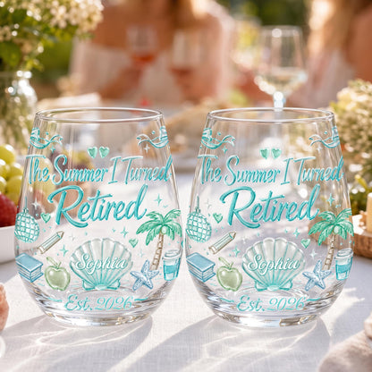The Summer I Turned Retired Shell Palm Tree And School Objects - Personalized Stemless Wine Glass - RETIRE227_WIGL