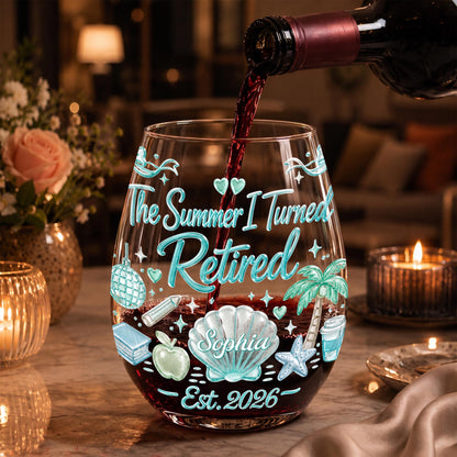 The Summer I Turned Retired Shell Palm Tree And School Objects - Personalized Stemless Wine Glass - RETIRE227_WIGL