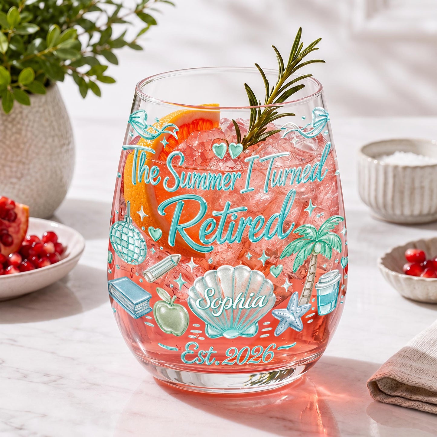 The Summer I Turned Retired Shell Palm Tree And School Objects - Personalized Stemless Wine Glass - RETIRE227_WIGL