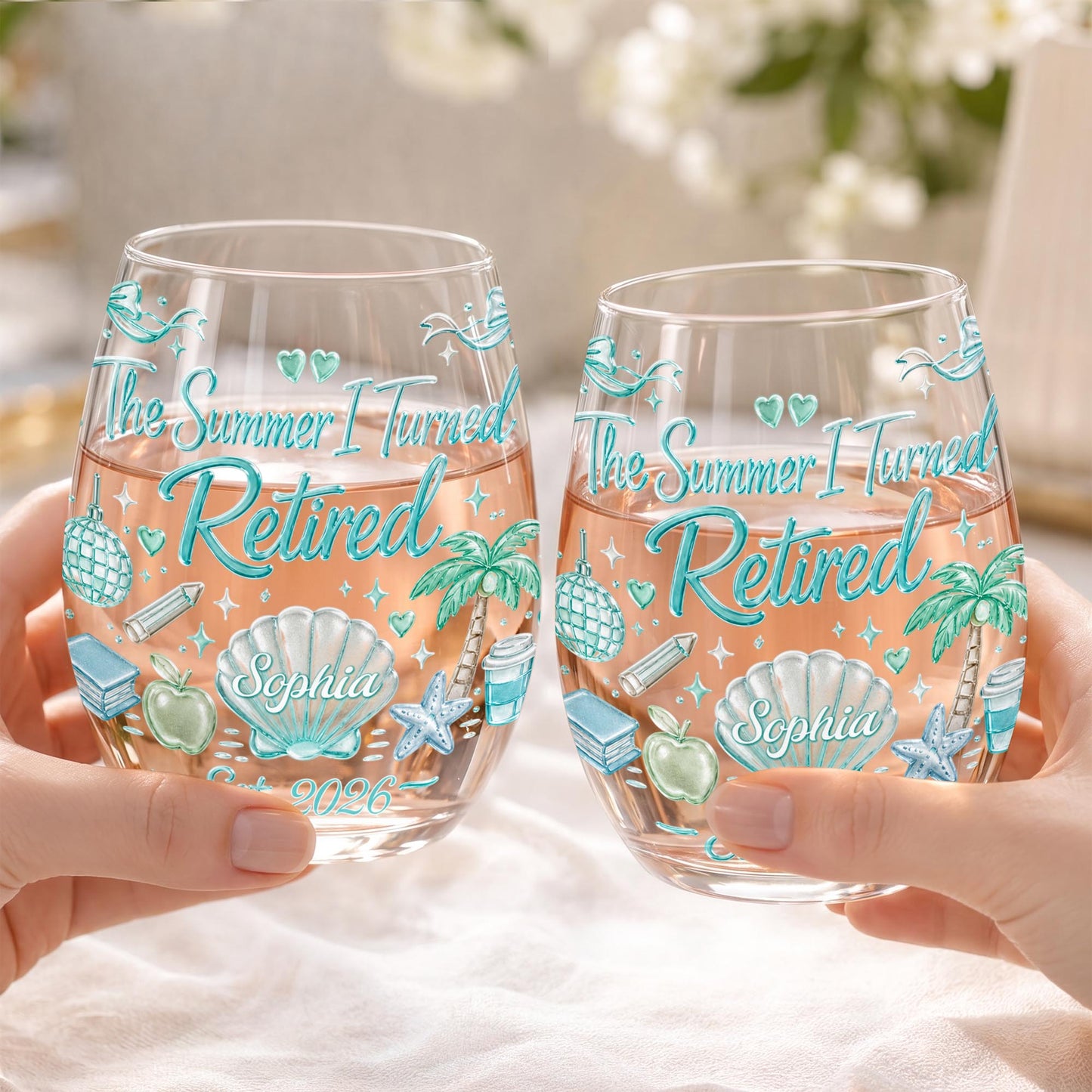 The Summer I Turned Retired Shell Palm Tree And School Objects - Personalized Stemless Wine Glass - RETIRE227_WIGL