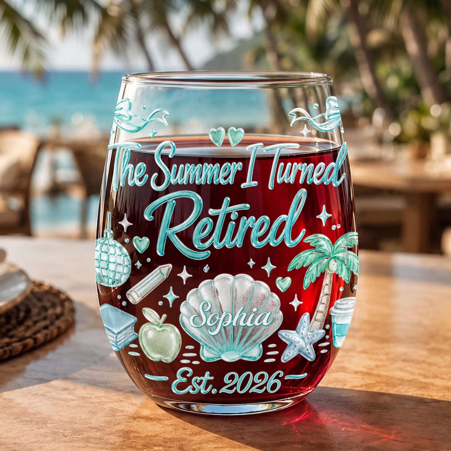 The Summer I Turned Retired Shell Palm Tree And School Objects - Personalized Stemless Wine Glass - RETIRE227_WIGL