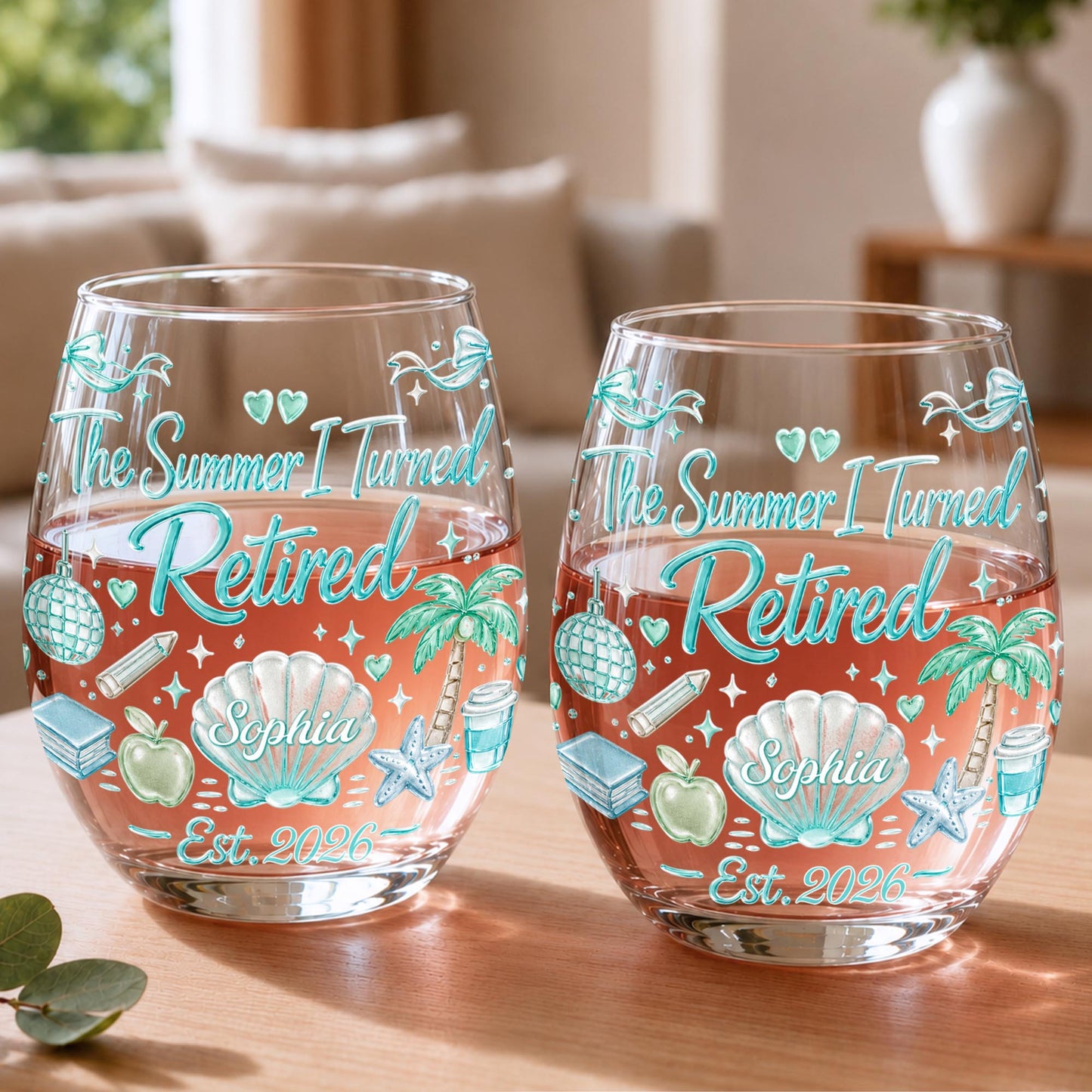 The Summer I Turned Retired Shell Palm Tree And School Objects - Personalized Stemless Wine Glass - RETIRE227_WIGL