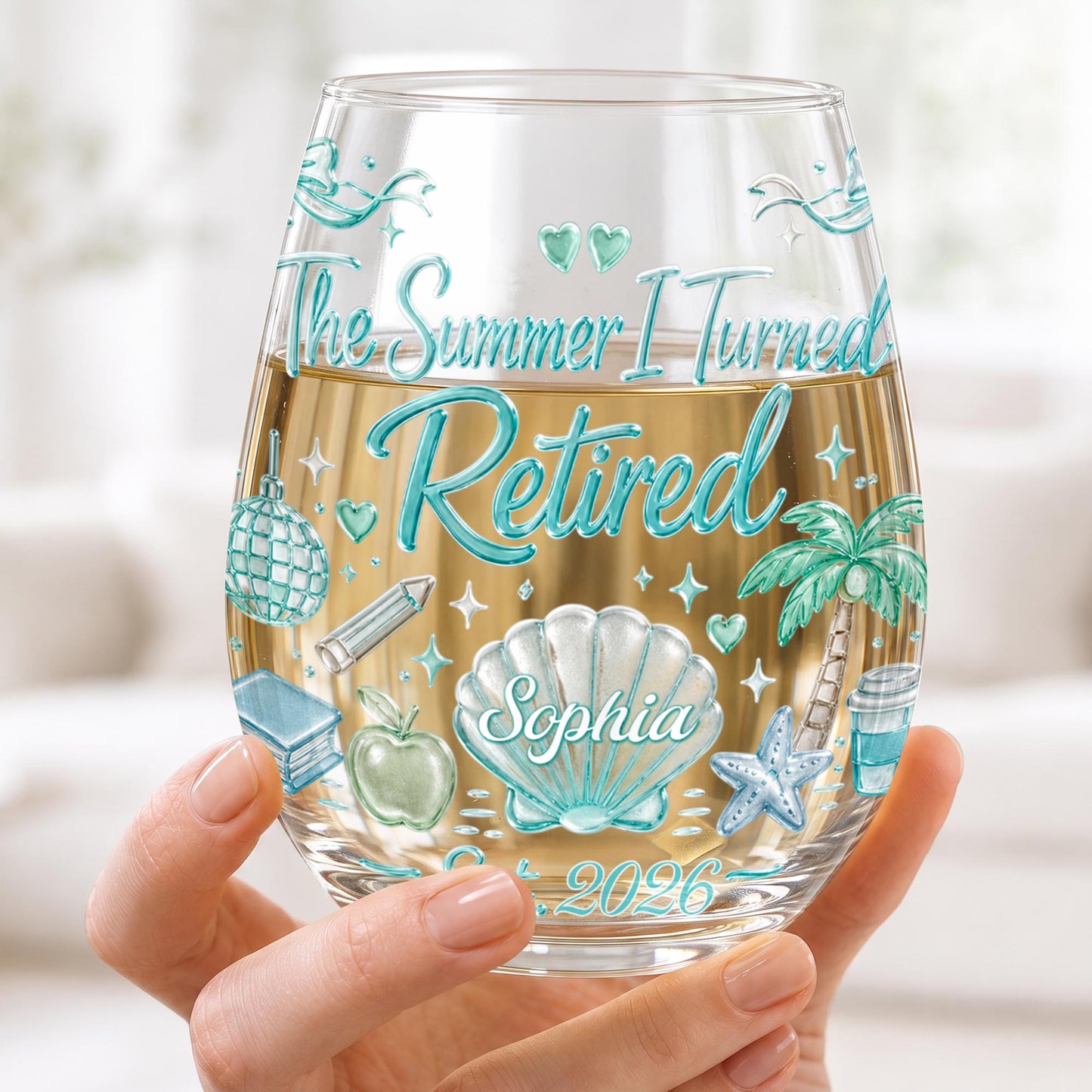 The Summer I Turned Retired Shell Palm Tree And School Objects - Personalized Stemless Wine Glass - RETIRE227_WIGL