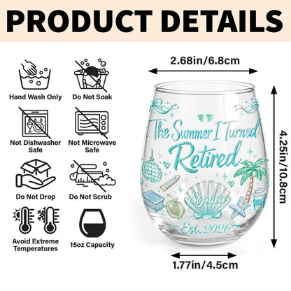 The Summer I Turned Retired Shell Palm Tree And School Objects - Personalized Stemless Wine Glass - RETIRE227_WIGL