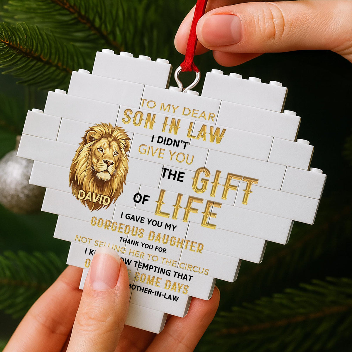 To My Dear Son In Law Give You The Gift Of Life Lion Building Blocks - Personalized Custom Heart Puzzle Ornament - SILA011_HBO