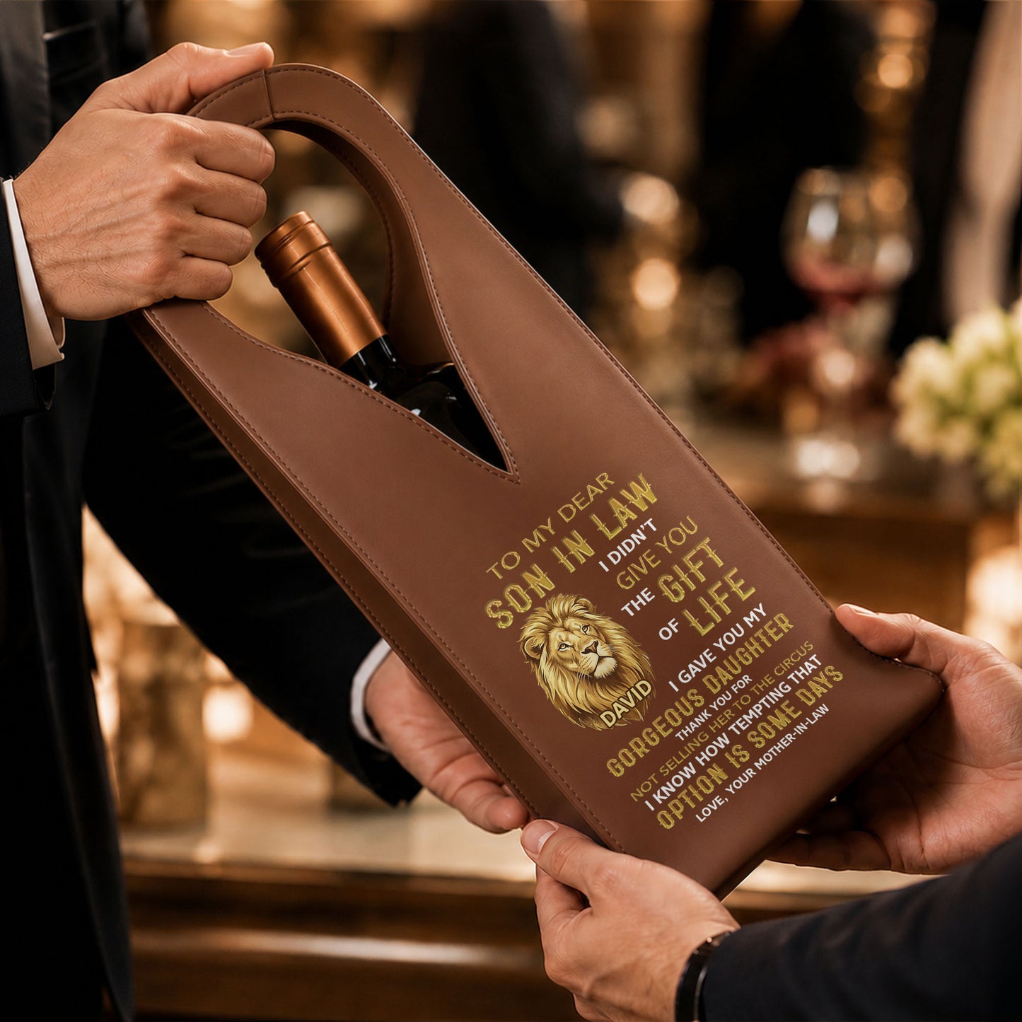 To My Dear Son In Law Gift Of Life Lion Design - Personalized Custom Leather Wine Bag - SILA011_LWIB