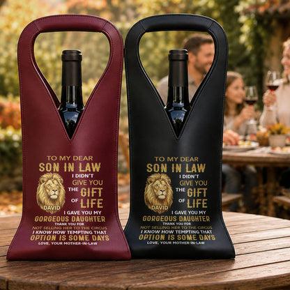 To My Dear Son In Law Gift Of Life Lion Design - Personalized Custom Leather Wine Bag - SILA011_LWIB