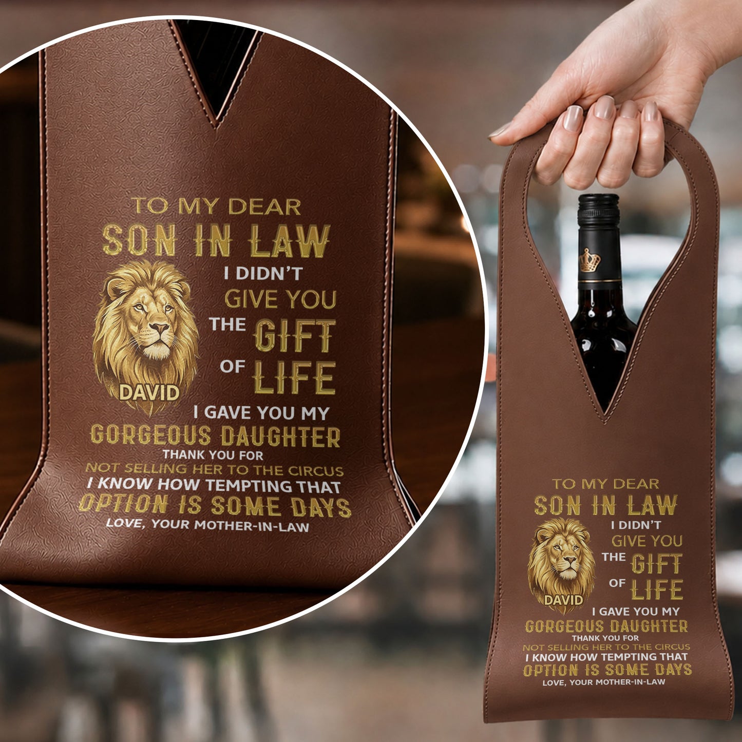 To My Dear Son In Law Gift Of Life Lion Design - Personalized Custom Leather Wine Bag - SILA011_LWIB