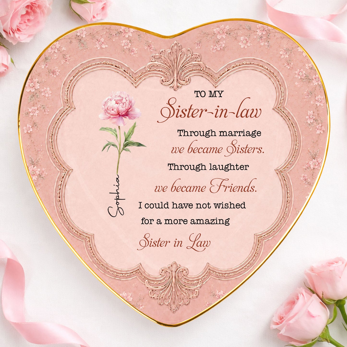 To My Sister In Law Through Marriage We Became Sisters Birth Flower - Personalized Custom Jewelry Dish, Ceramic Dish, Heart Shape - SILA119_HCRF