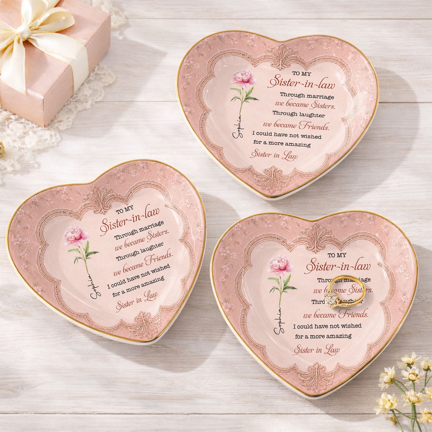 To My Sister In Law Through Marriage We Became Sisters Birth Flower - Personalized Custom Jewelry Dish, Ceramic Dish, Heart Shape - SILA119_HCRF