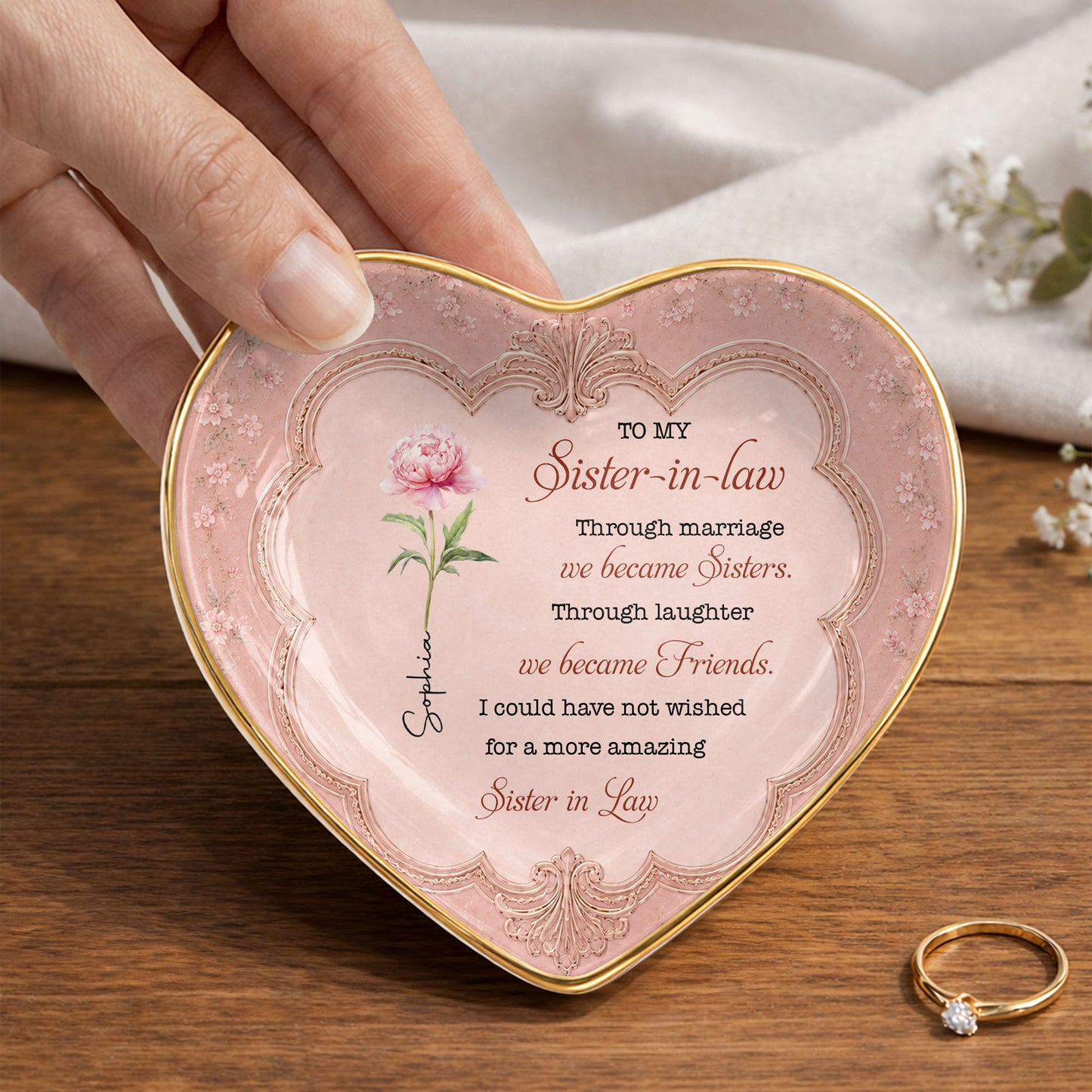To My Sister In Law Through Marriage We Became Sisters Birth Flower - Personalized Custom Jewelry Dish, Ceramic Dish, Heart Shape - SILA119_HCRF