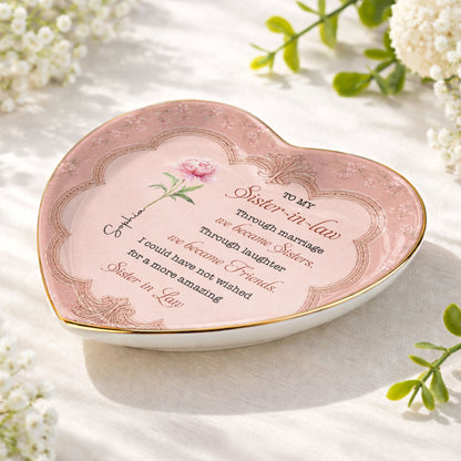 To My Sister In Law Through Marriage We Became Sisters Birth Flower - Personalized Custom Jewelry Dish, Ceramic Dish, Heart Shape - SILA119_HCRF