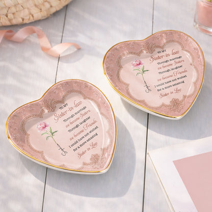 To My Sister In Law Through Marriage We Became Sisters Birth Flower - Personalized Custom Jewelry Dish, Ceramic Dish, Heart Shape - SILA119_HCRF