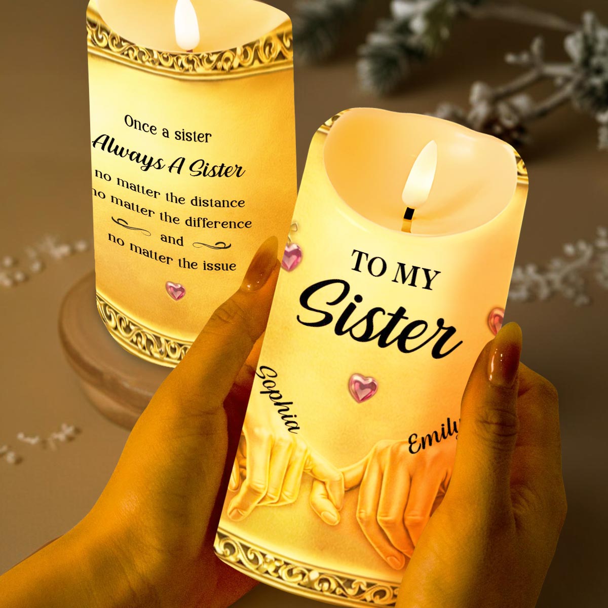To My Sister Once A Sister Pinky Promise Hands And Hearts - Personalized Custom LED Candle - SIS012_LECA