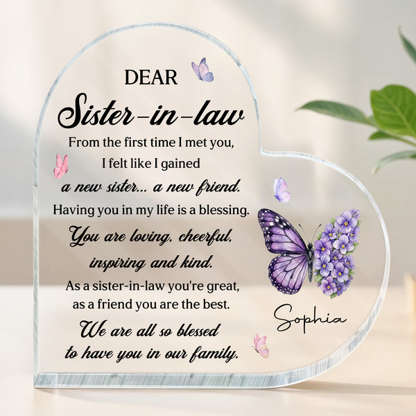 Dear Sister In Law Gained A New Sister Friend Butterfly Flower - Personalized Heart Shaped Acrylic Plaque - SIS054_HAP