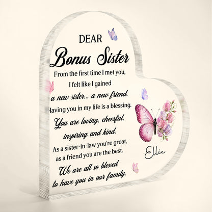 Dear Sister In Law Gained A New Sister Friend Butterfly Flower - Personalized Heart Shaped Acrylic Plaque - SIS054_HAP