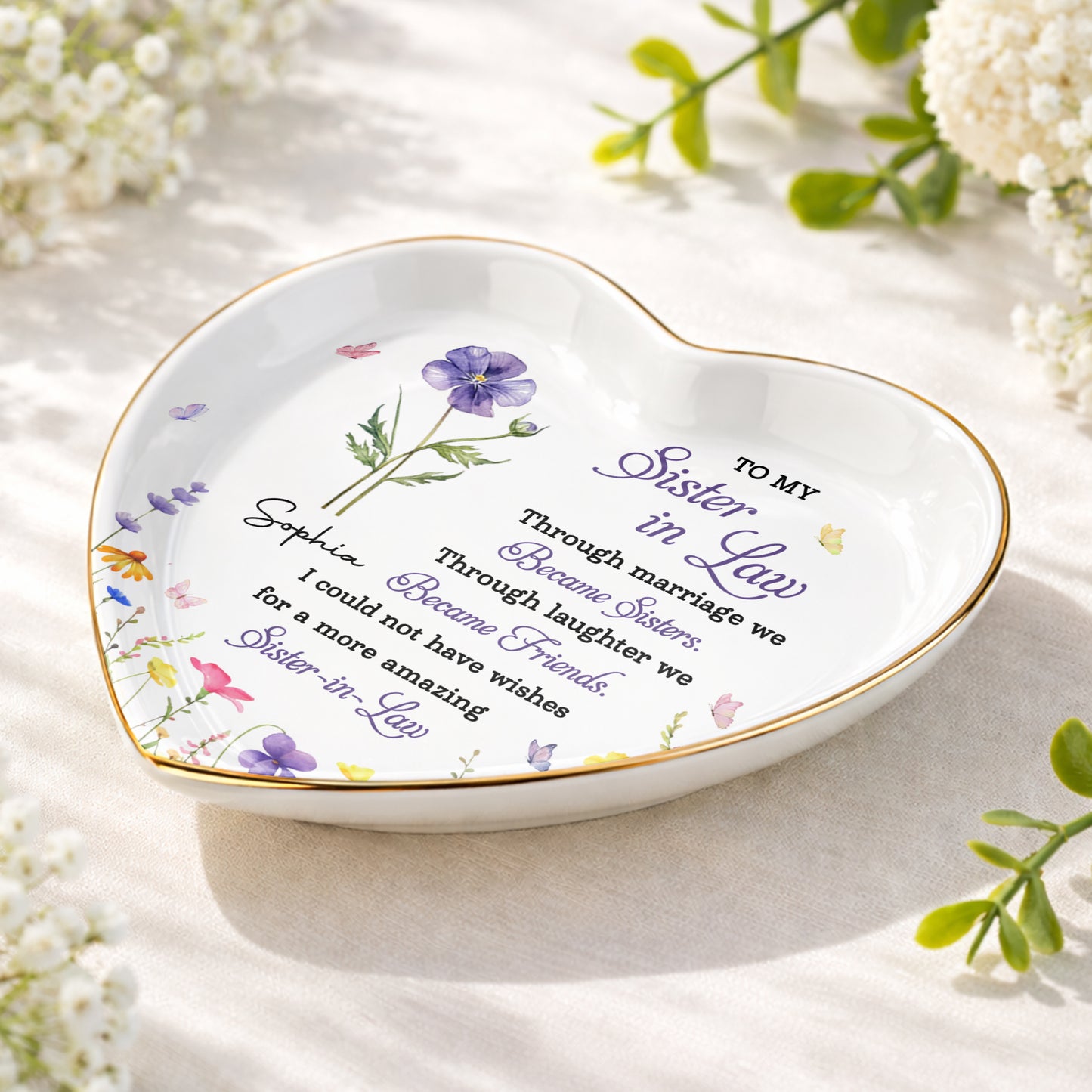 To My Sister In Law Through Marriage We Became Sisters Birth Month Flower - Personalized Custom Jewelry Dish, Ceramic Dish, Heart Shape - SIS062_HCRF