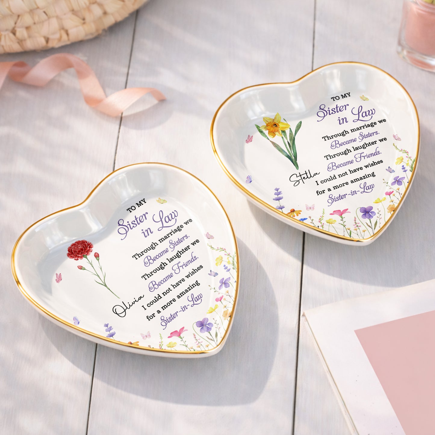 To My Sister In Law Through Marriage We Became Sisters Birth Month Flower - Personalized Custom Jewelry Dish, Ceramic Dish, Heart Shape - SIS062_HCRF