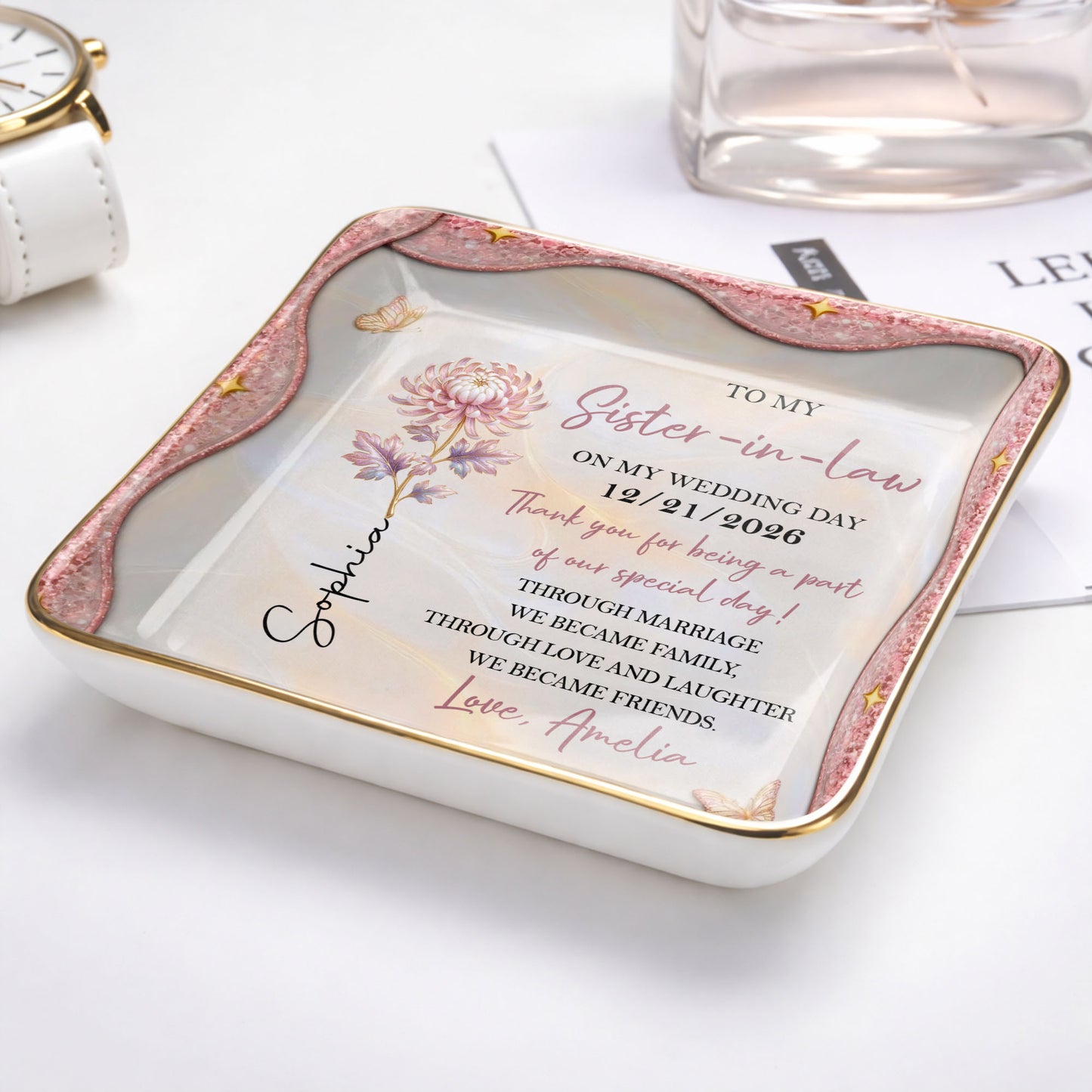 To My Sister In Law On My Wedding Day Birth Month Flower - Personalized Custom Jewelry Dish, Ceramic Dish, Square Shape - SIS081_SCRF