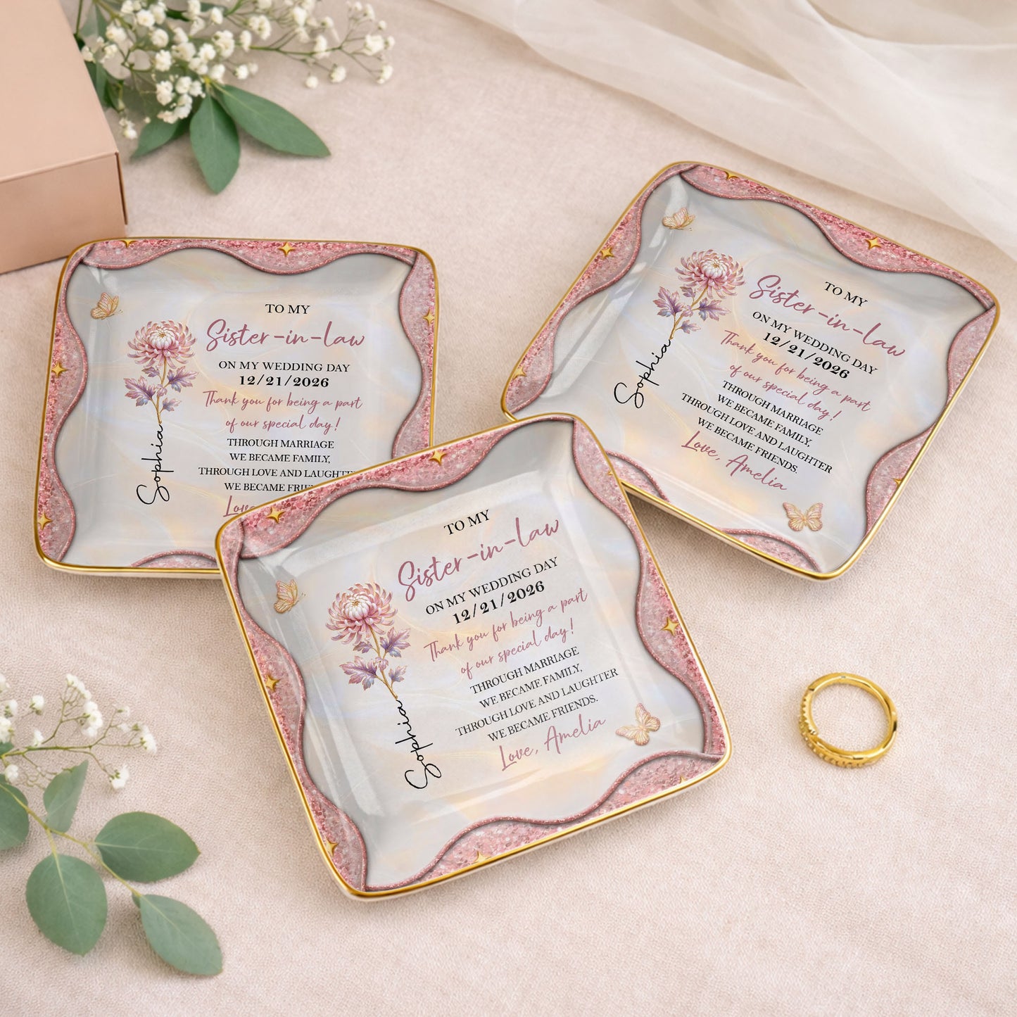 To My Sister In Law On My Wedding Day Birth Month Flower - Personalized Custom Jewelry Dish, Ceramic Dish, Square Shape - SIS081_SCRF
