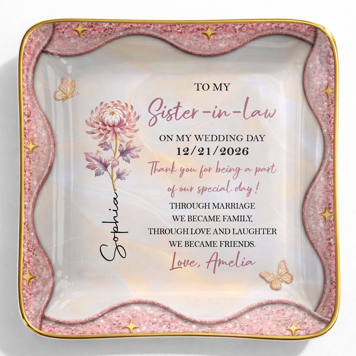 To My Sister In Law On My Wedding Day Birth Month Flower - Personalized Custom Jewelry Dish, Ceramic Dish, Square Shape - SIS081_SCRF