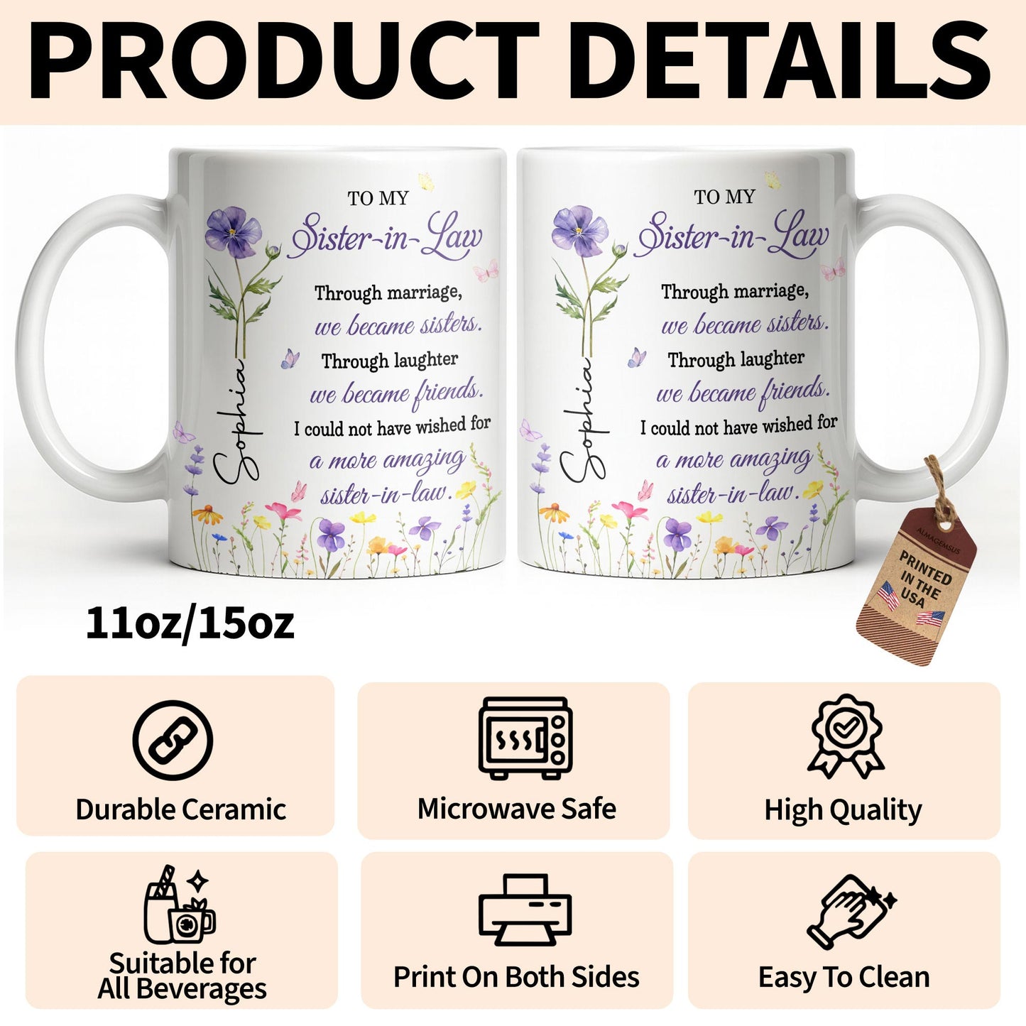To My Sister In Law Through Marriage Purple Flower Butterflies - Personalized Custom Coffee Mug - SIS084_MG