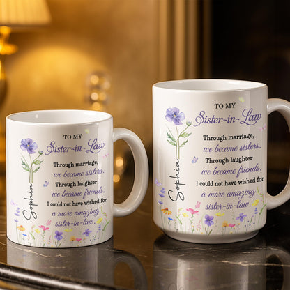 To My Sister In Law Through Marriage Purple Flower Butterflies - Personalized Custom Coffee Mug - SIS084_MG