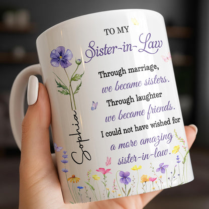 To My Sister In Law Through Marriage Purple Flower Butterflies - Personalized Custom Coffee Mug - SIS084_MG